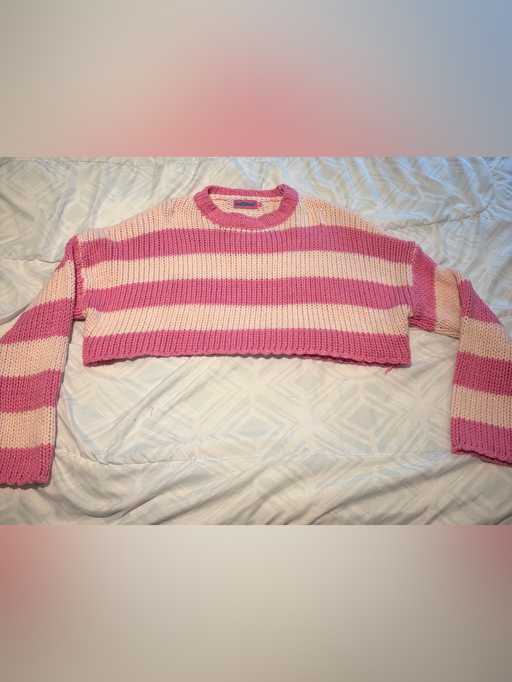 Edikted Pink & Light Pink Striped Cropped Crewneck Sweater XS/S
